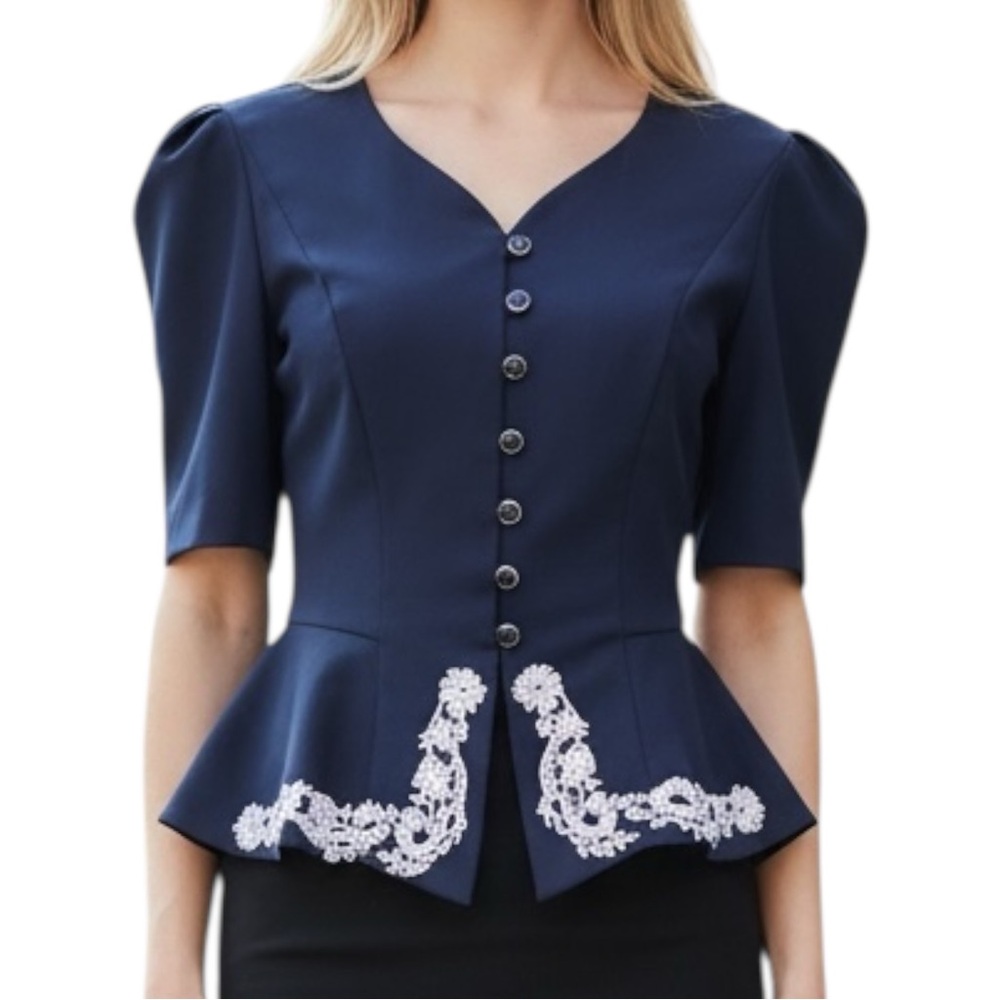 Vintage Jenny Navy Peplum Blazer with White Embroidery Size 10